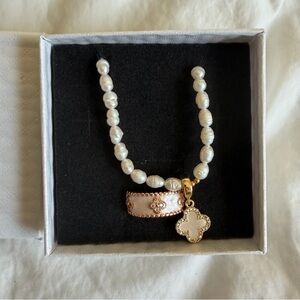 Elegant Fresh Water Pearl Necklace and Ring Set with Gold Plated Accents